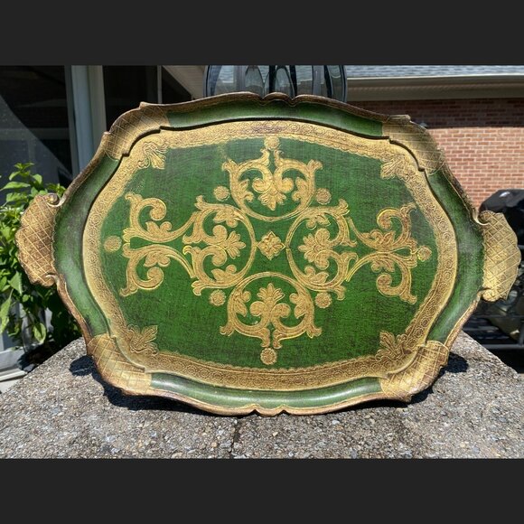 Vintage Florentine Tray - Green & Gilt Gold - 15" x 23" - Made in Italy Stamp - Picture 1 of 8